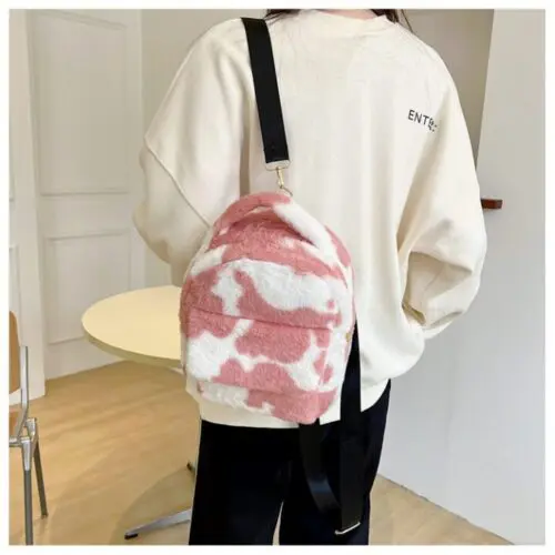 Cows Pattern Furry Backpack - Soft Velvet Bag for Women