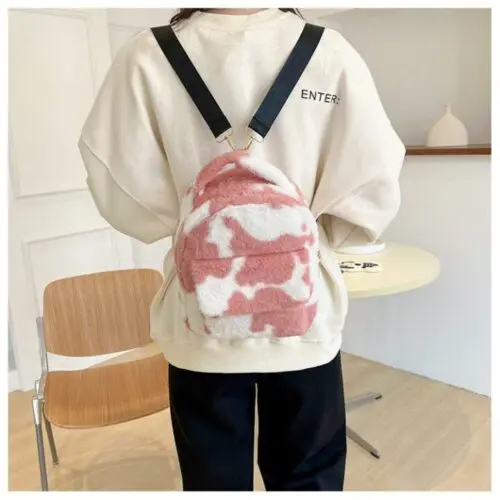 Cows Pattern Furry Backpack - Soft Velvet Bag for Women