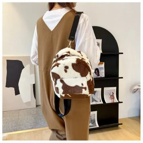 Cows Pattern Furry Backpack - Soft Velvet Bag for Women