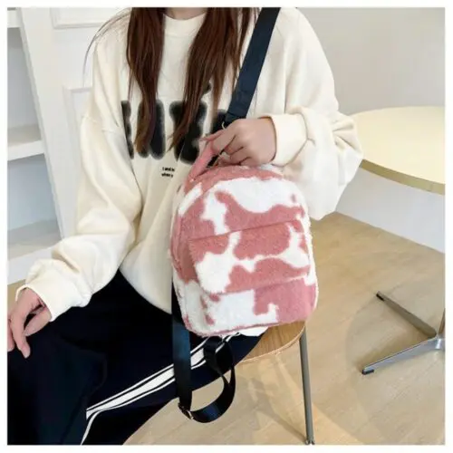 Cows Pattern Furry Backpack - Soft Velvet Bag for Women