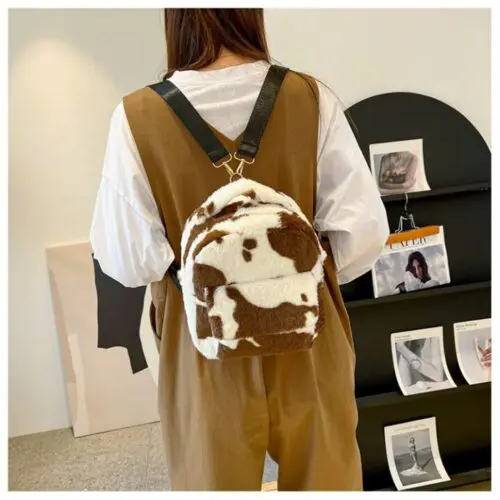 Cows Pattern Furry Backpack - Soft Velvet Bag for Women