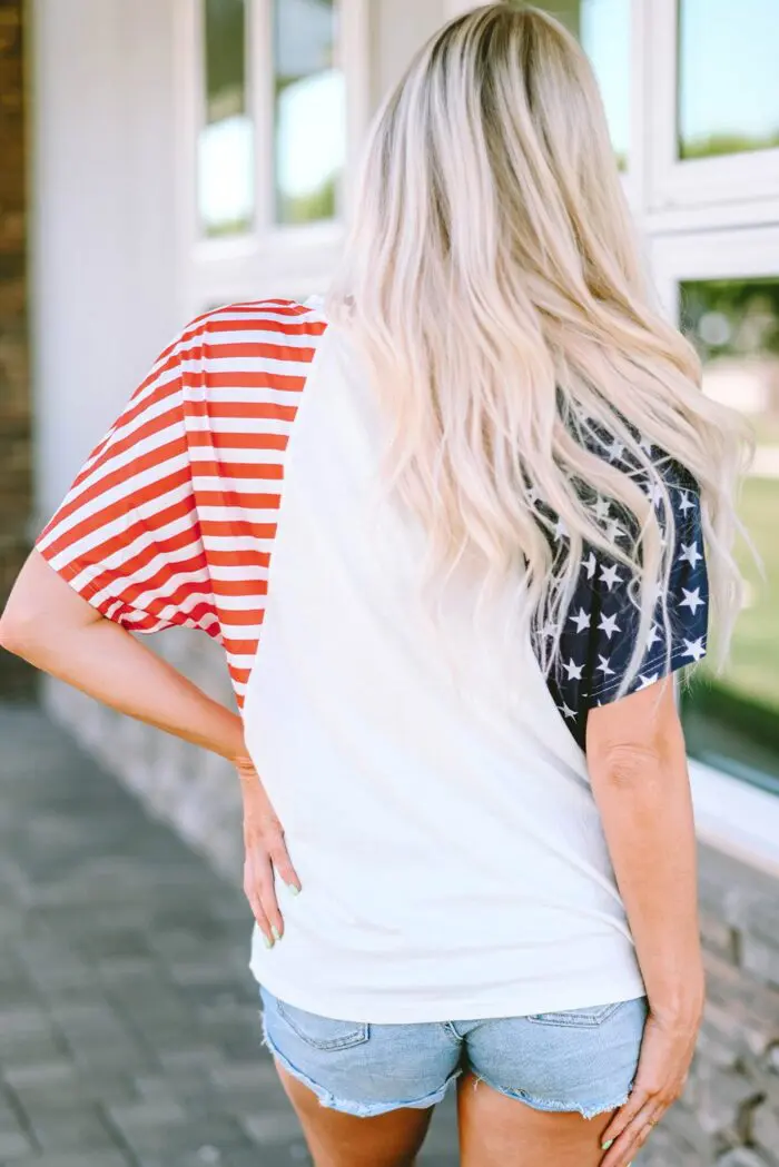 Classic White V-Neck Tee with US Stars and Stripes Design