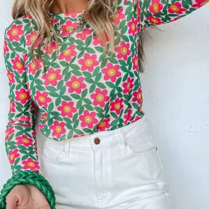Fiery Red Retro Floral Print Top with Stretchy Long Sleeves
