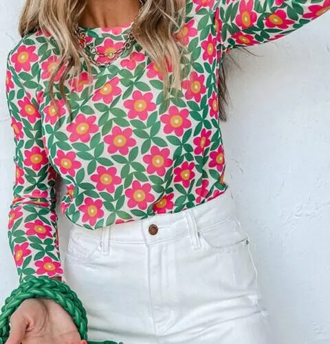 Fiery Red Retro Floral Print Top with Stretchy Long Sleeves