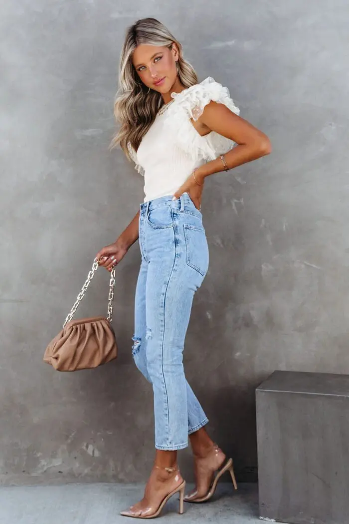 Chic White Dotty Mesh Ribbed Knit Top with Ruffle Sleeves