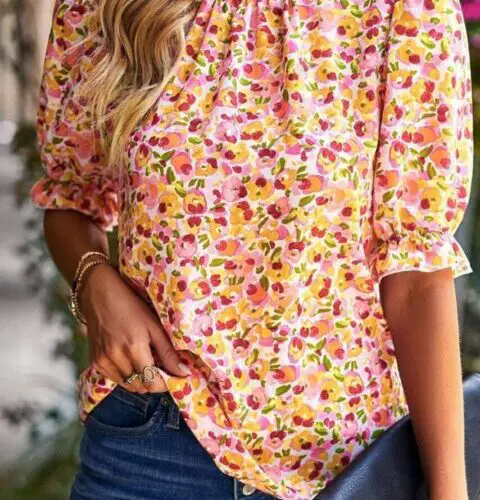 Boho Blossoms- Vibrant Orange Floral Mock Neck Blouse with Ruffle Details