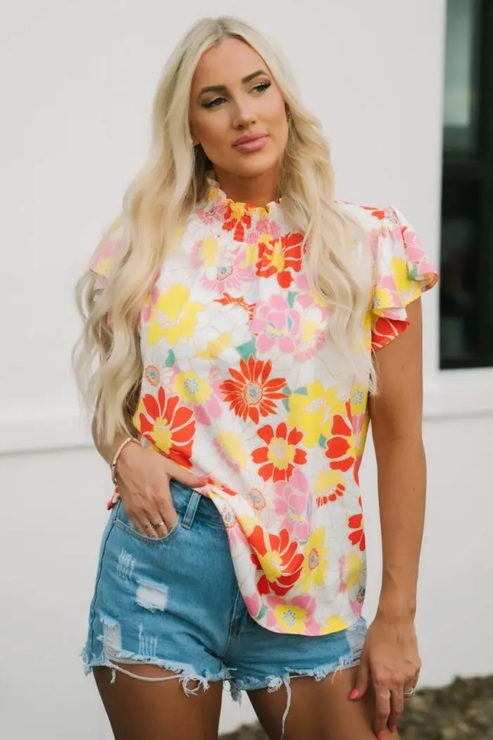 Purple Floral Top with Multicolor Stand Collar and Flutter Sleeves