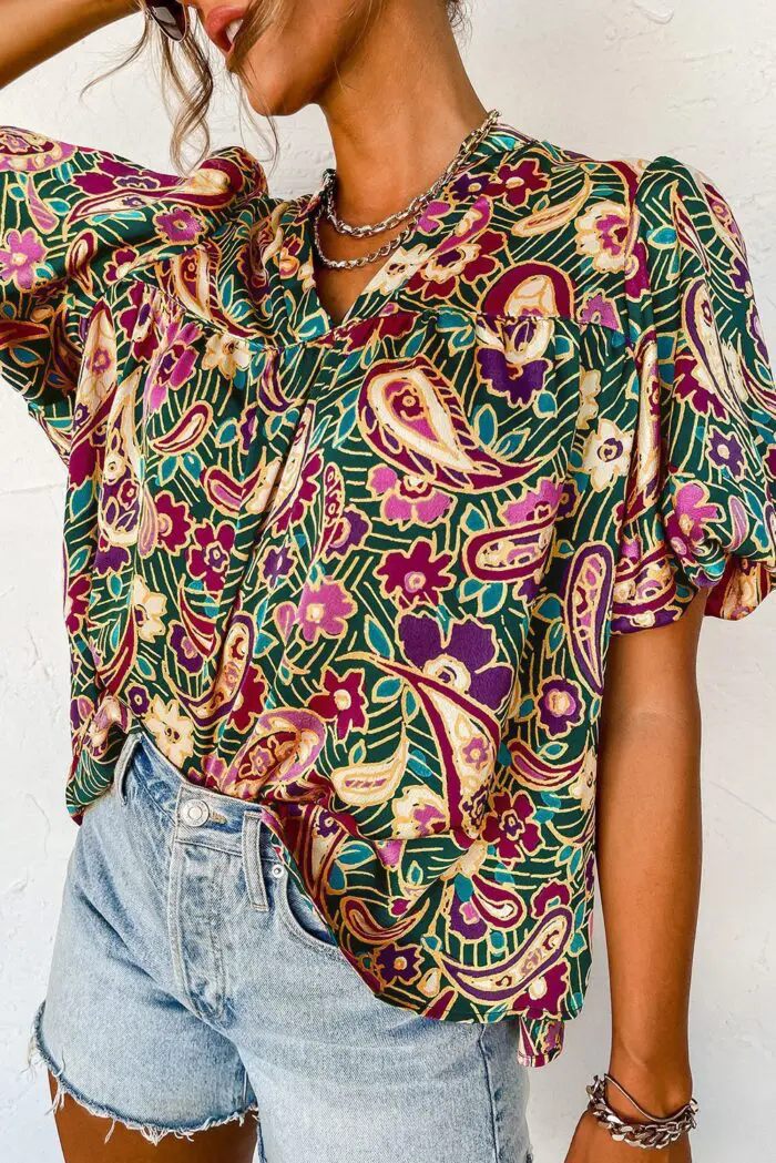 Lush Green Paisley Blouse with V-Neck and Short Bubble Sleeves