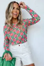 Fiery Red Retro Floral Print Top with Stretchy Long Sleeves