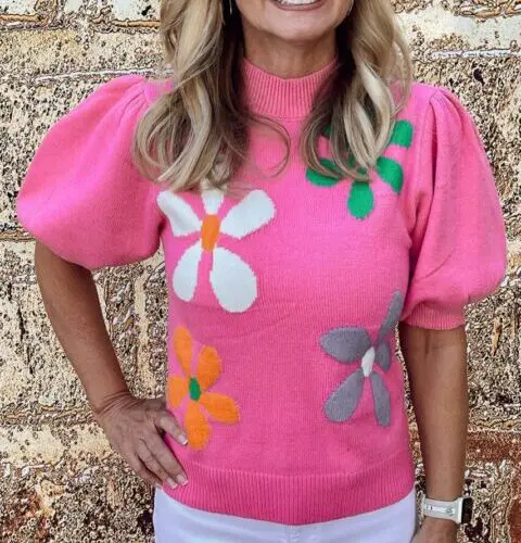 Bright Pink Floral Short Sleeve Sweater with Bubble Texture