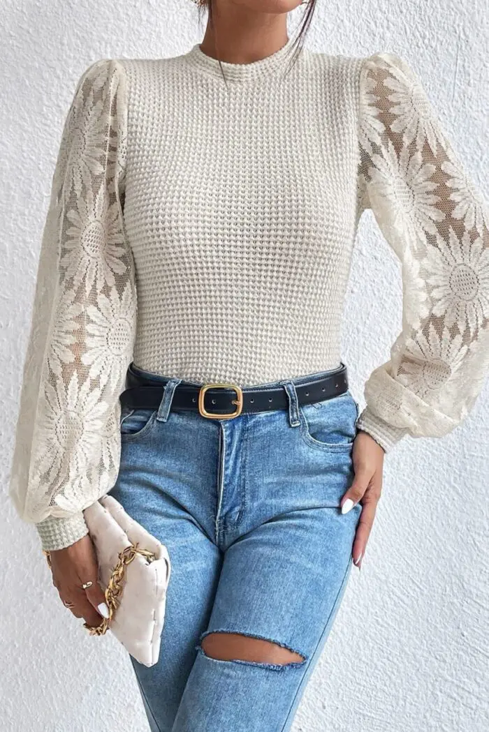 Sunflower Dreams- Beige Waffle Knit Top with Mesh Bubble Sleeves