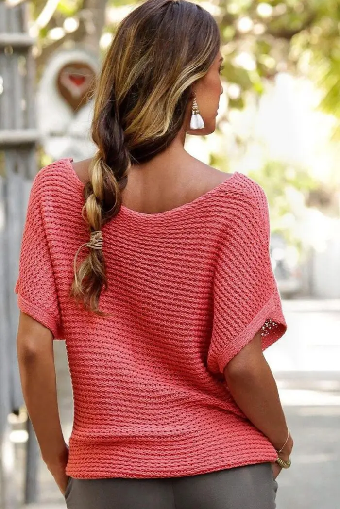 Cozy Elegance-Solid Loose-Knit Sweater with Short Dolman Sleeves