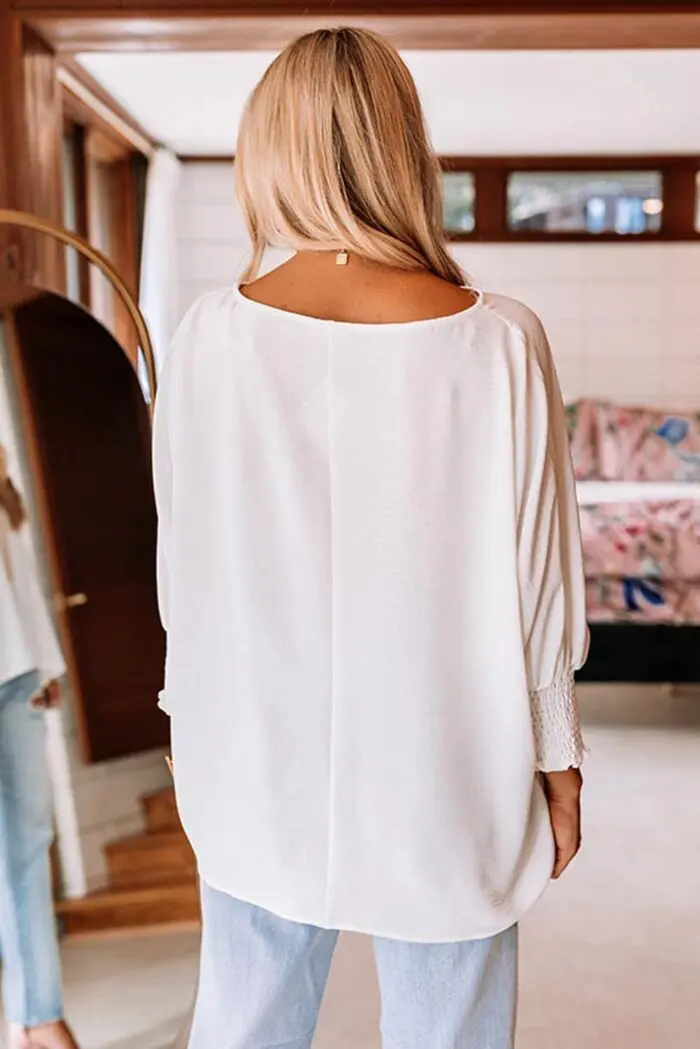 White Shift Top with Elegant Smocked Wrist Detail