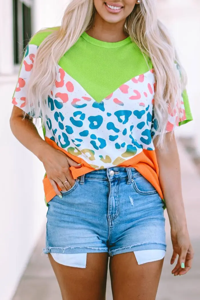 Wild Fusion-Green Leopard Patchwork Waffle Knit Tee