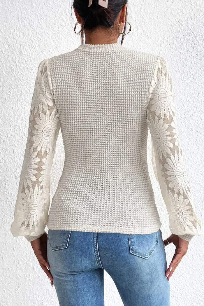 Sunflower Dreams- Beige Waffle Knit Top with Mesh Bubble Sleeves