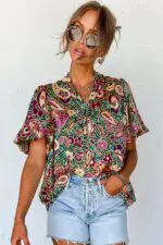 Lush Green Paisley Blouse with V-Neck and Short Bubble Sleeves