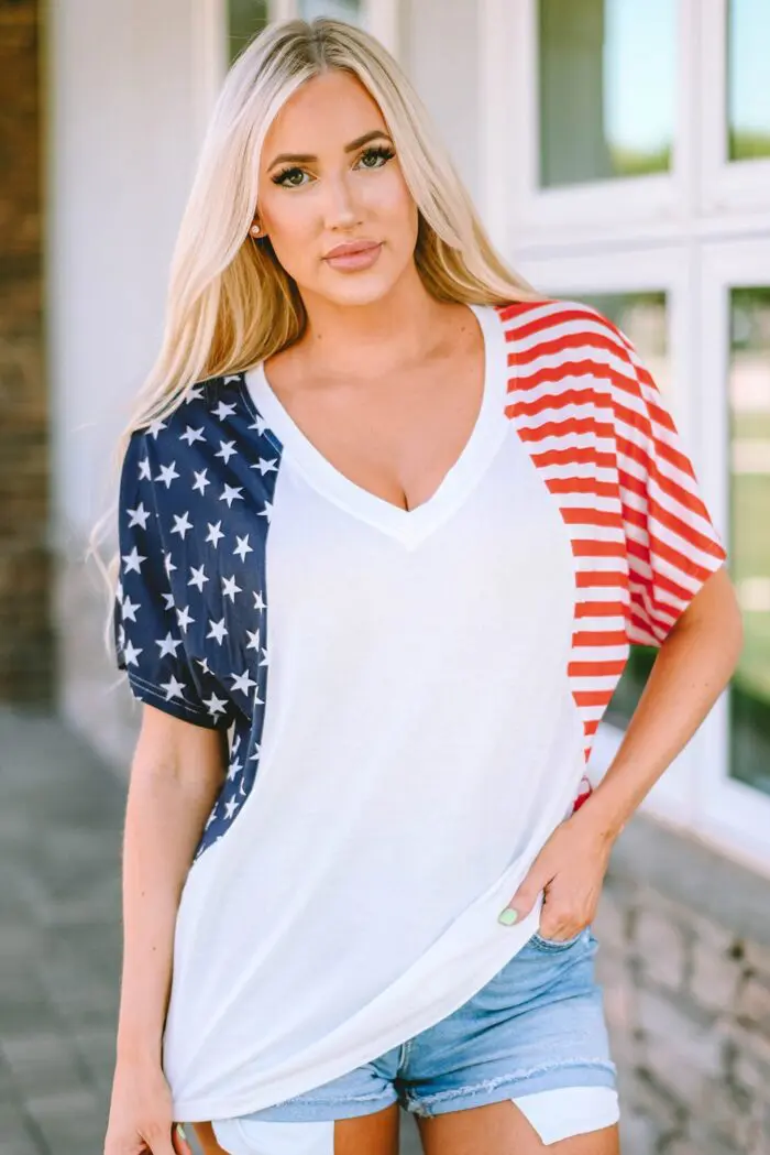 Classic White V-Neck Tee with US Stars and Stripes Design