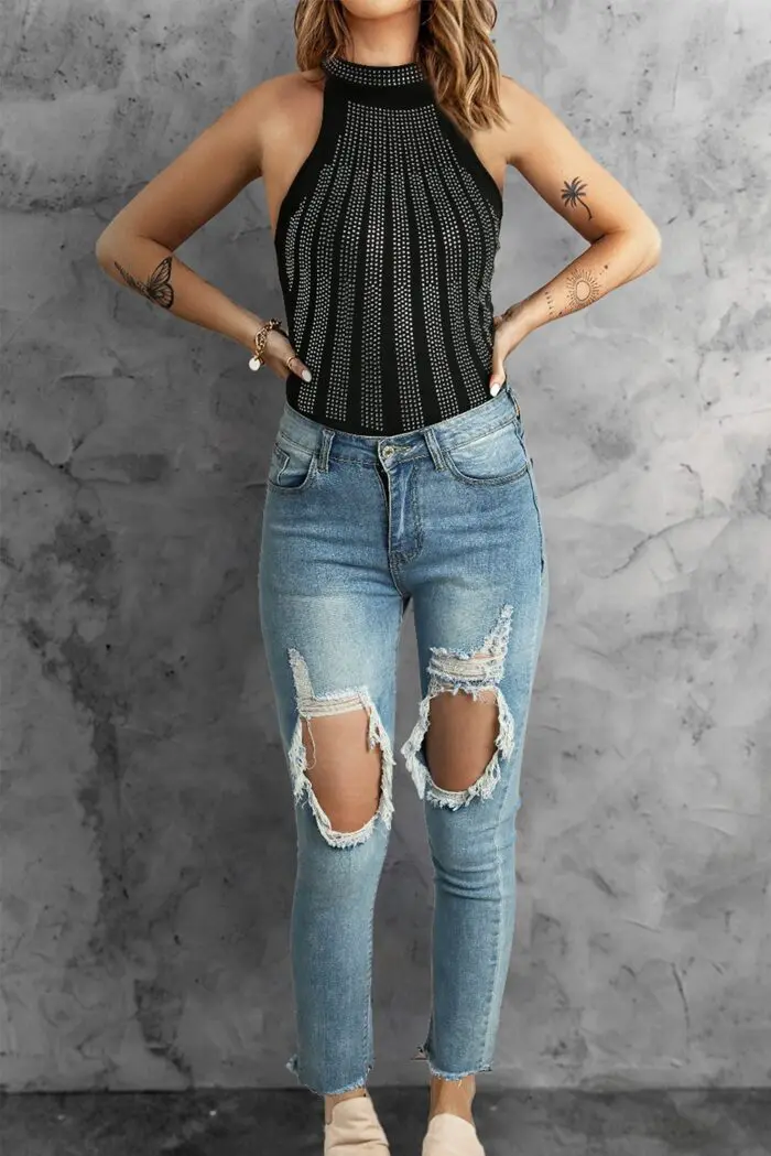 Sleek Black High Neck Sleeveless Bodysuit with Diamante Embellishments