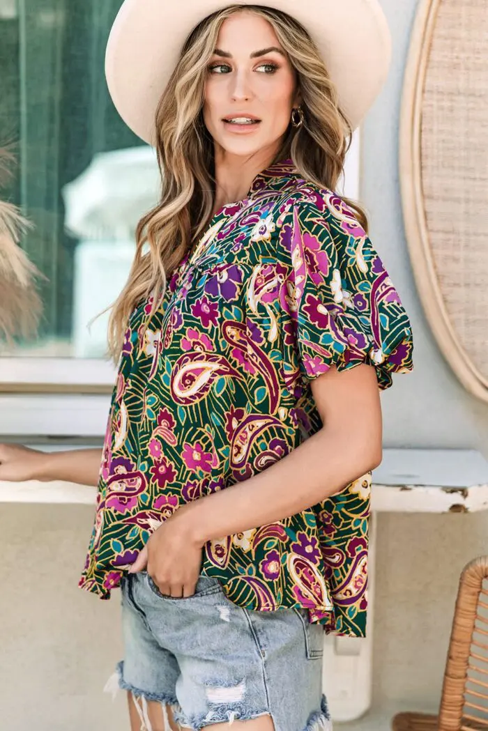 Lush Green Paisley Blouse with V-Neck and Short Bubble Sleeves