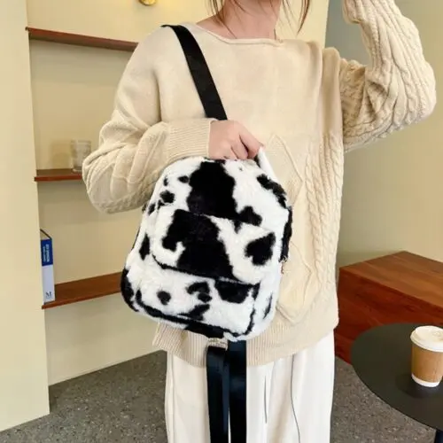 Cows Pattern Furry Backpack - Soft Velvet Bag for Women