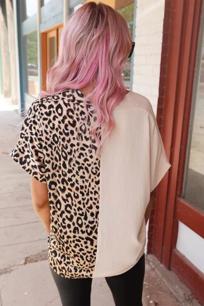 Safari Chic-Khaki Color Block Blouse with Leopard Accents