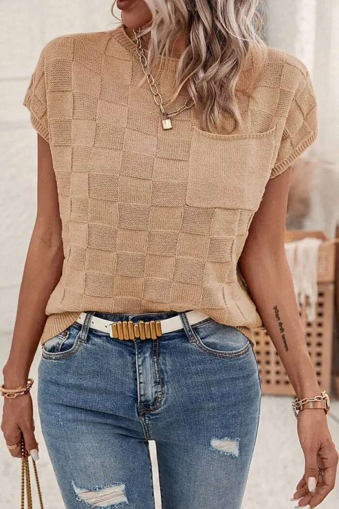 Smoke Gray Lattice Textured Short Sleeve Knit Sweater for Effortless Style