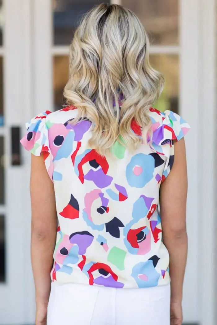 Boho Blouse Vibrant Multicolor Smocked Blouse with Abstract Print and Ruffle Sleeves