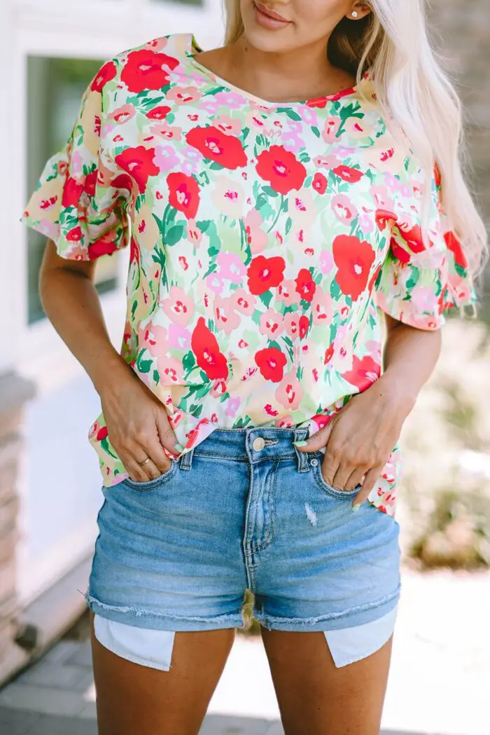 Passionate Petals- Fiery Red Floral V-Neck Blouse with Ruffled Sleeves