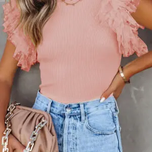 Pretty in Pink-Dotty Mesh Ribbed Knit Top with Ruffle Sleeves