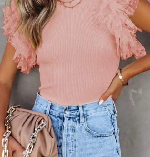 Pretty in Pink-Dotty Mesh Ribbed Knit Top with Ruffle Sleeves
