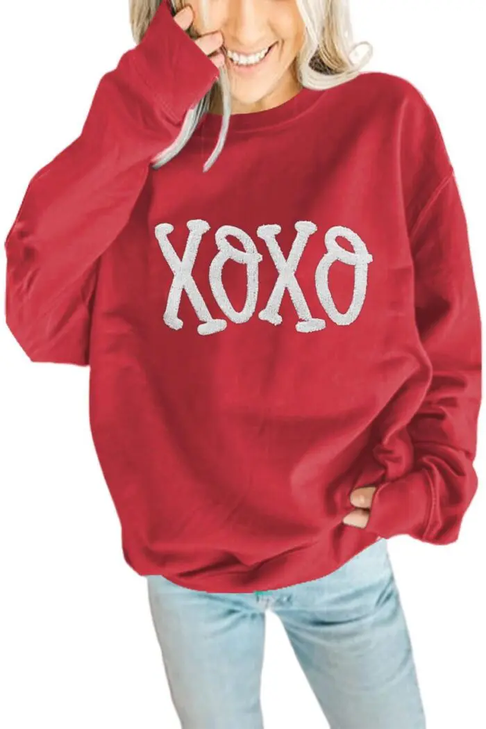 Racing Red Chenille Embroidered Alphabet Pullover Sweatshirt - Sporty Style with a Twist Racing Red  Sweatshirt