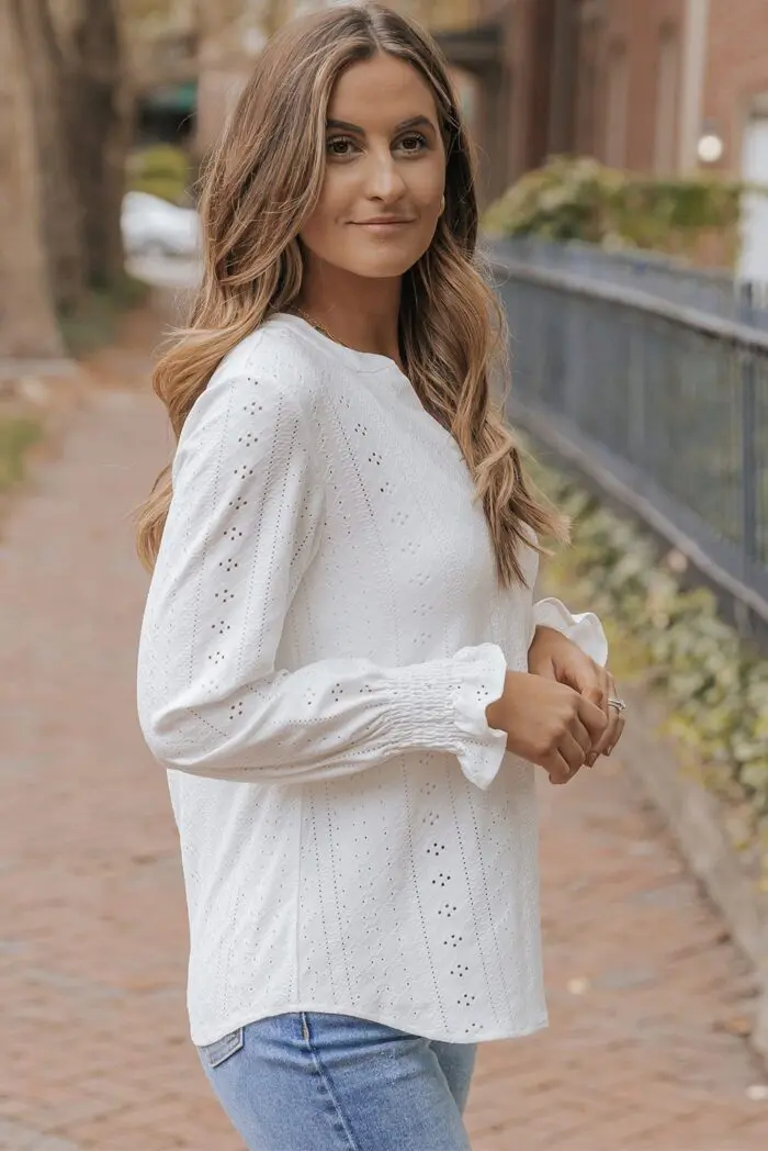 Elegant White Loose Blouse with Split Neck and Textured Design