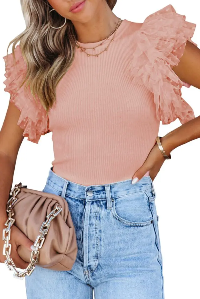 Pretty in Pink-Dotty Mesh Ribbed Knit Top with Ruffle Sleeves Pink Mesh Top