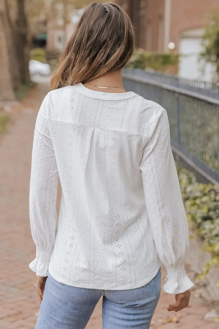Elegant White Loose Blouse with Split Neck and Textured Design