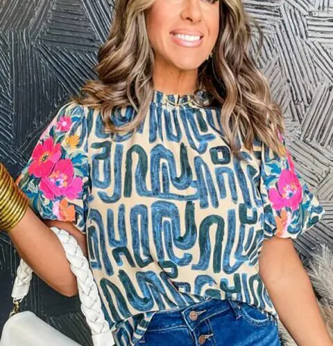 Beige Printed Top with Embroidered Puff Sleeves and Frilled Neckline