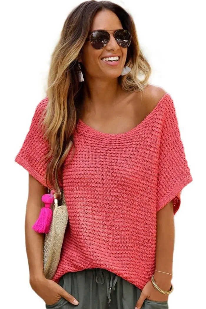 Cozy Elegance-Solid Loose-Knit Sweater with Short Dolman Sleeves