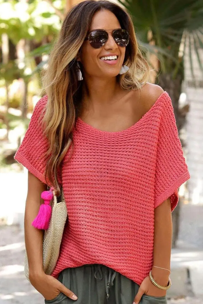 Cozy Elegance-Solid Loose-Knit Sweater with Short Dolman Sleeves