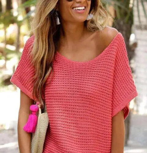 Cozy Elegance-Solid Loose-Knit Sweater with Short Dolman Sleeves