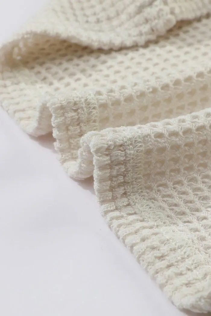 Sunflower Dreams- Beige Waffle Knit Top with Mesh Bubble Sleeves