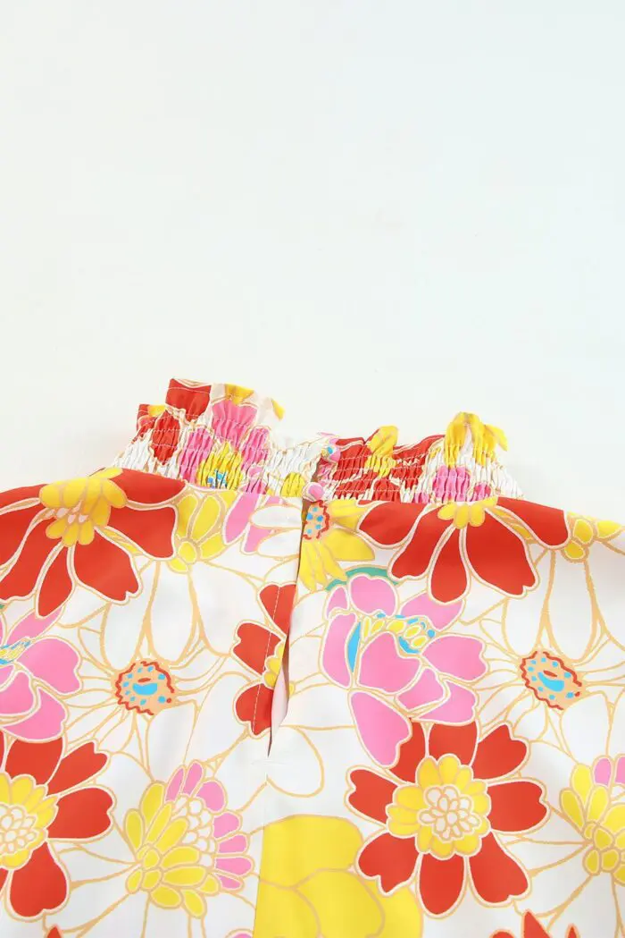 Vibrant Multicolor Floral Top with Stand Collar and Flutter Sleeves