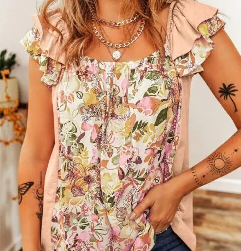 Apricot Pink Ruffle Sleeve Blouse with Square Neck and Floral Patchwork