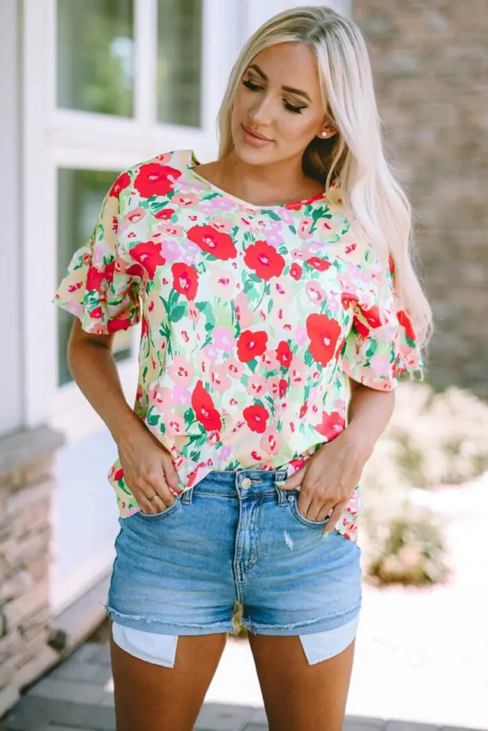 Passionate Petals- Fiery Red Floral V-Neck Blouse with Ruffled Sleeves