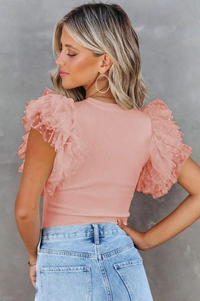 Pretty in Pink-Dotty Mesh Ribbed Knit Top with Ruffle Sleeves Pink Mesh Top