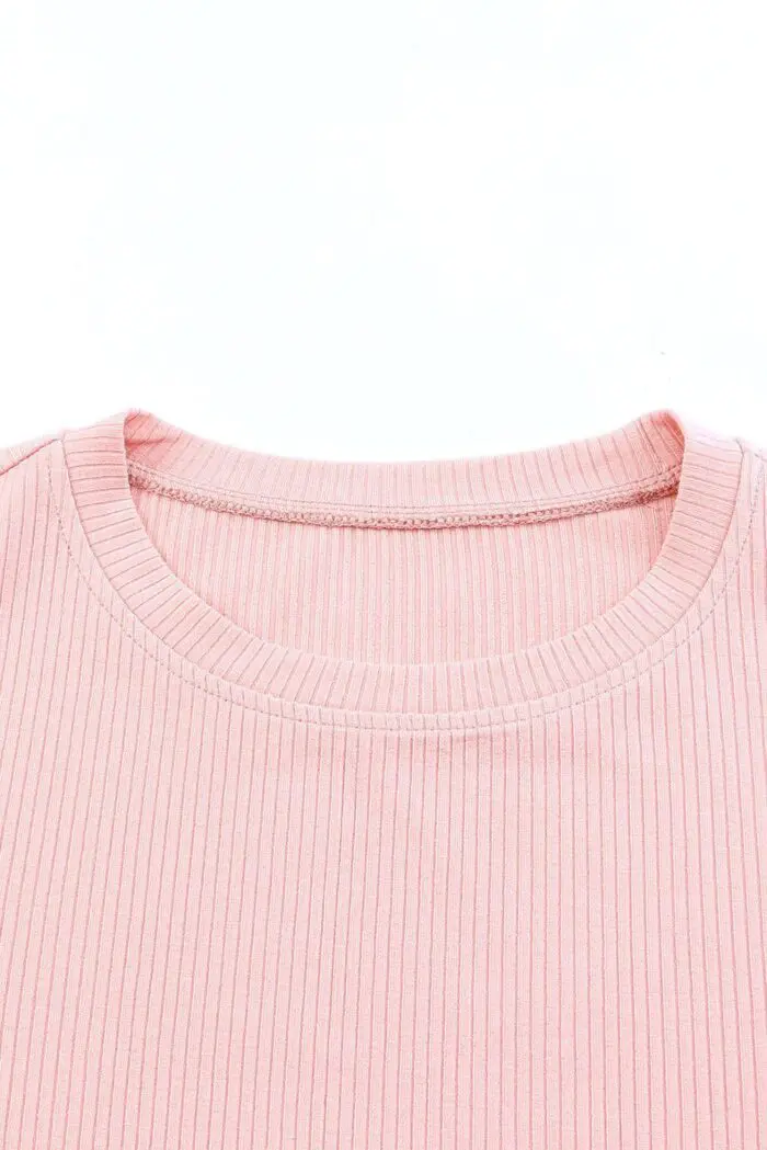 Pretty in Pink-Dotty Mesh Ribbed Knit Top with Ruffle Sleeves Pink Mesh Top
