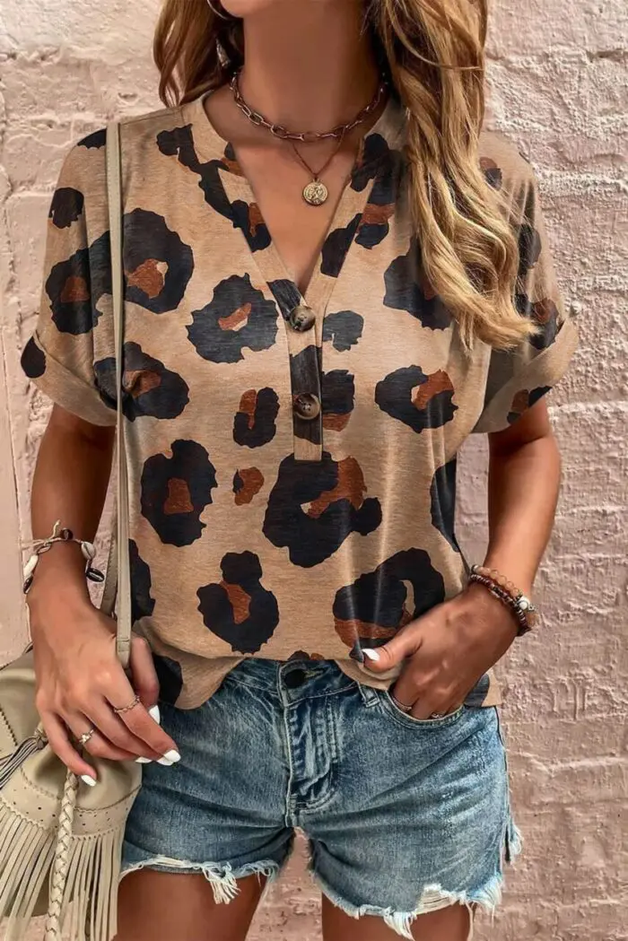 Light French Beige Blouse with Leopard Folded Short Sleeves and Buttoned V-Neck