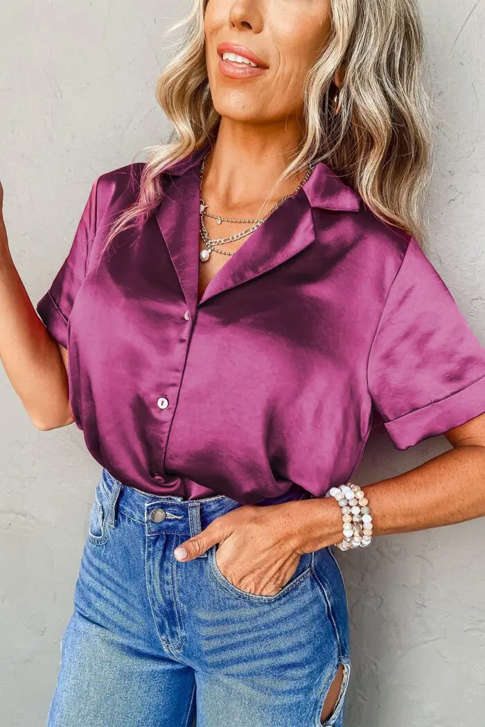 Elegant Rose Red Satin Shirt with Folded Cuffs and Short Sleeves