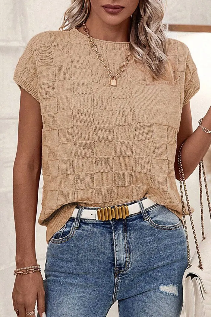 Smoke Gray Lattice Textured Short Sleeve Knit Sweater for Effortless Style