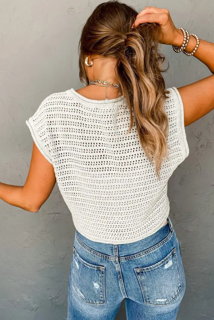 Chic White Cap Sleeve Sweater with Elegant Hollow Out Knit Design