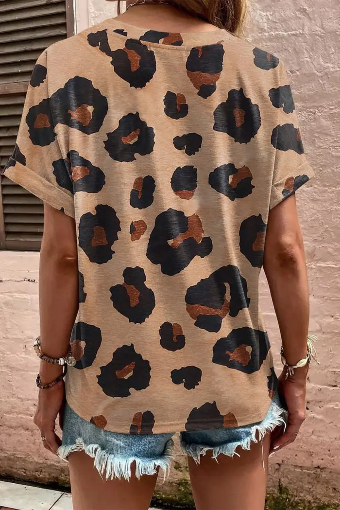 Light French Beige Blouse with Leopard Folded Short Sleeves and Buttoned V-Neck