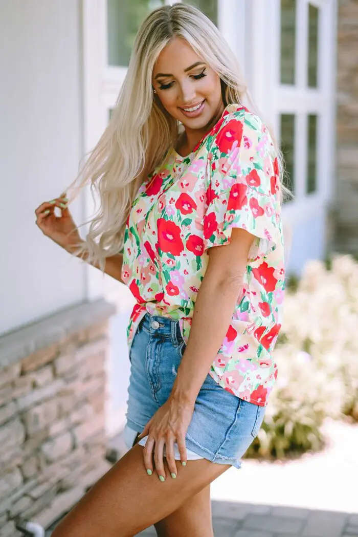 Passionate Petals- Fiery Red Floral V-Neck Blouse with Ruffled Sleeves